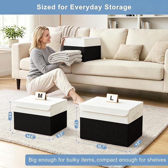 Bagnizer Large 22 Quart Linen Fabric Foldable Storage Bin Cube Organizer Basket with Flip-Top Lid & Handles, Clothes Blanket Box for Home, Office, Closet, Black & White, 4 Pack 14.6 x 9.5 x 9.5