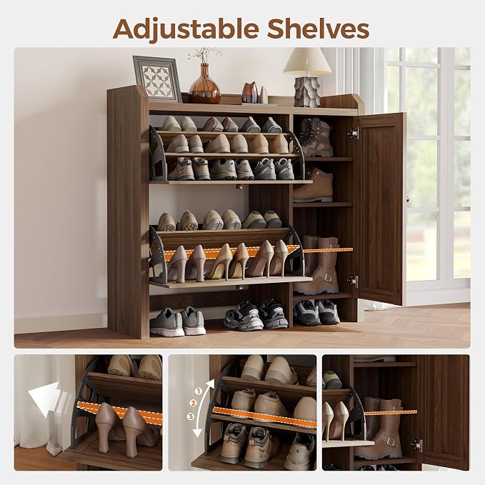 Shoe Cabinet Storage for Entryway with 2 Flip Drawers(3-Tier), Rattan Freestanding with Door & 3 Adjustable Shelve,Hidden Shoe Rack Organizer for Hallway, Foyer