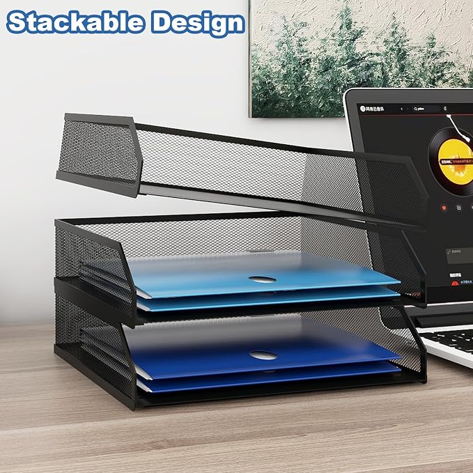 Natwind 3-Tier Stackable Metal Mesh Paper Organizer with Sliding Tray,Black | Desk Organizer for Office Supplies, Letter Tray For Desktop,File Holder For Home School Classroom Organization