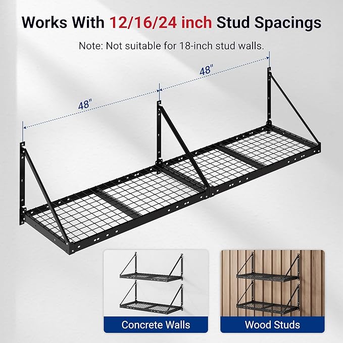 FLEXIMOUNTS 2-Pack 2x4 ft Garage Wall Shelving with 4 Hooks, Black | Brace guardrail, 660 lb capacity, Heavy-duty steel, Wall mounted storage, Garage organization, Pro Series