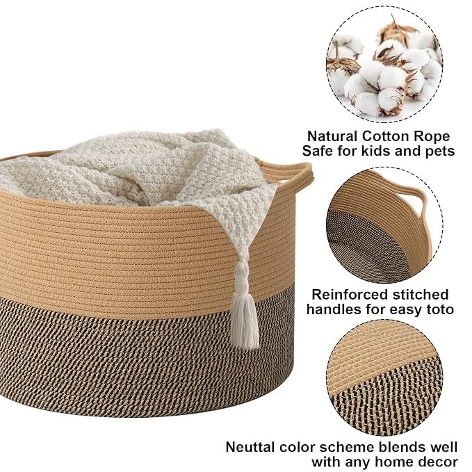 90L Extra Large Blanket Basket,Woven Rope Laundry Basket-Jute&Black | Collapsible, reinforced handles, nursery storage bin organizes clothes, toys and pillows for living room, bedroom bathroom