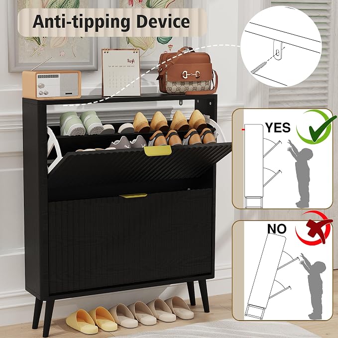 KIGOTY Narrow Shoe Storage Cabinet, Shoe Cabinet with 2 Flip Drawers, Freestanding Shoe Organizer with Legs for Entryway, Slim Shoe Rack Cabinet for Enterway (Black-Gold, 2 Flip Drawer)