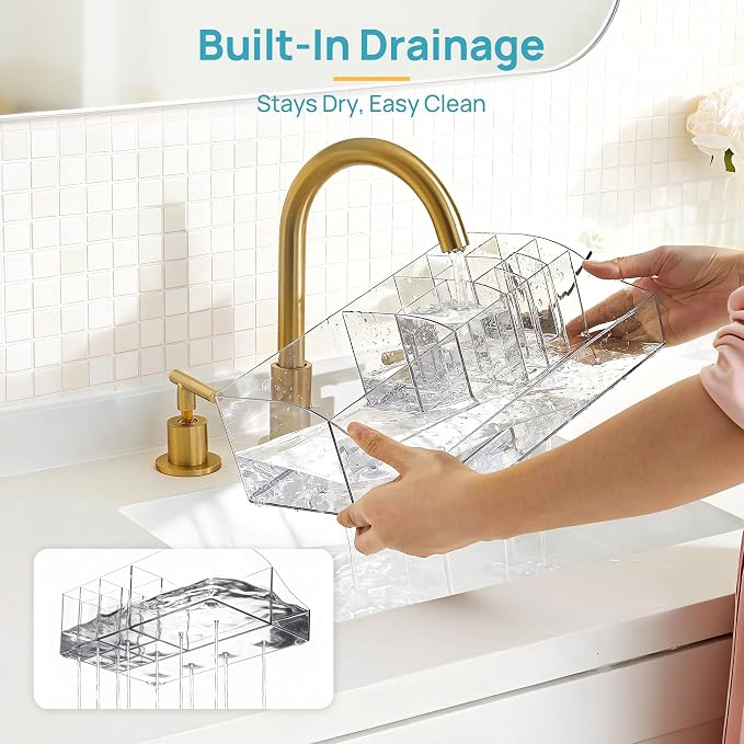 Vtopmart 7 PCS Bathroom Countertop Organizer | 1 Divided Tray, 4 Qtip Holder Jars, 2 Drawers, Clear, For Toothbrush, Cotton Pads, for bathroom countertop