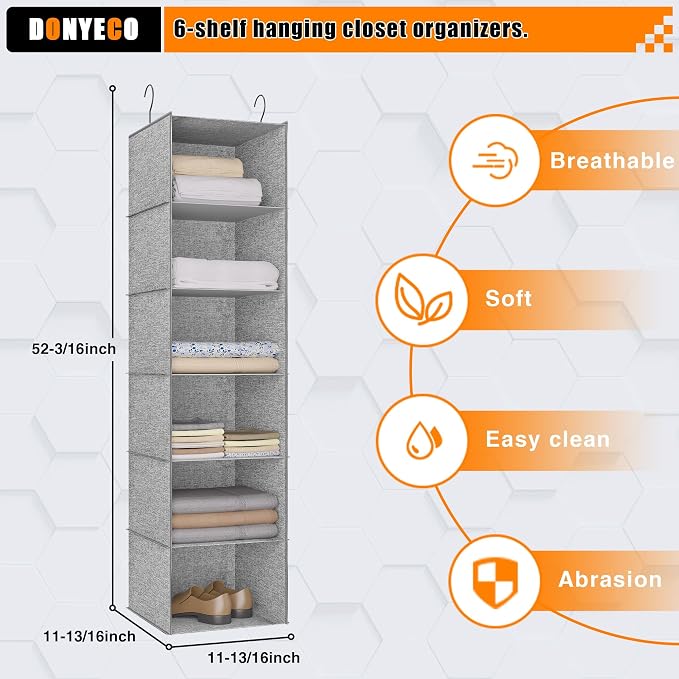 Hanging Closet Organizer 6-Shelf, Oxford Linen Wardrobe Storage, Gray | Easy-mount foldable design holds clothes, handbags, shoes & accessories; washable Oxford fabric, sturdy and space-saving.