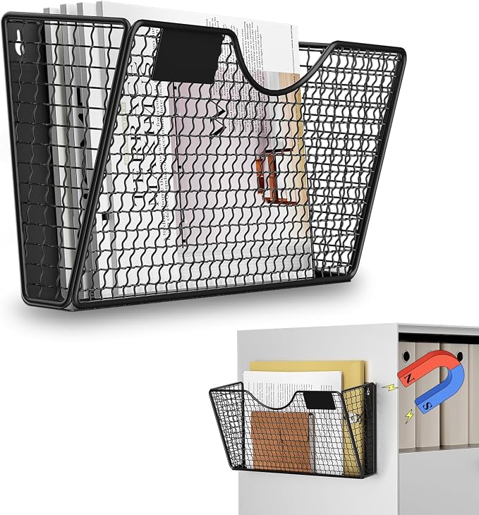 MFTEK Magnetic File Holder, 1 Pockets Magnetic File Folder Holder No Drilling Magnet Paper Mail Organizer Magazine Basket, Hanging Wall Storage Rack for Fridge Cabinets Office Classroom