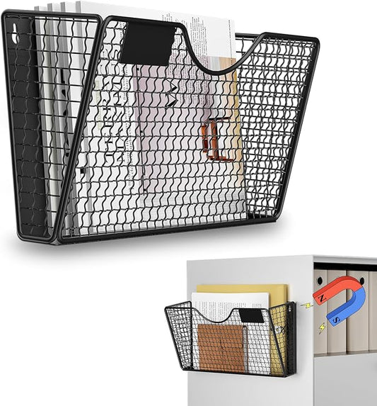 MFTEK Magnetic File Holder, 1 Pockets Magnetic File Folder Holder No Drilling Magnet Paper Mail Organizer Magazine Basket, Hanging Wall Storage Rack for Fridge Cabinets Office Classroom