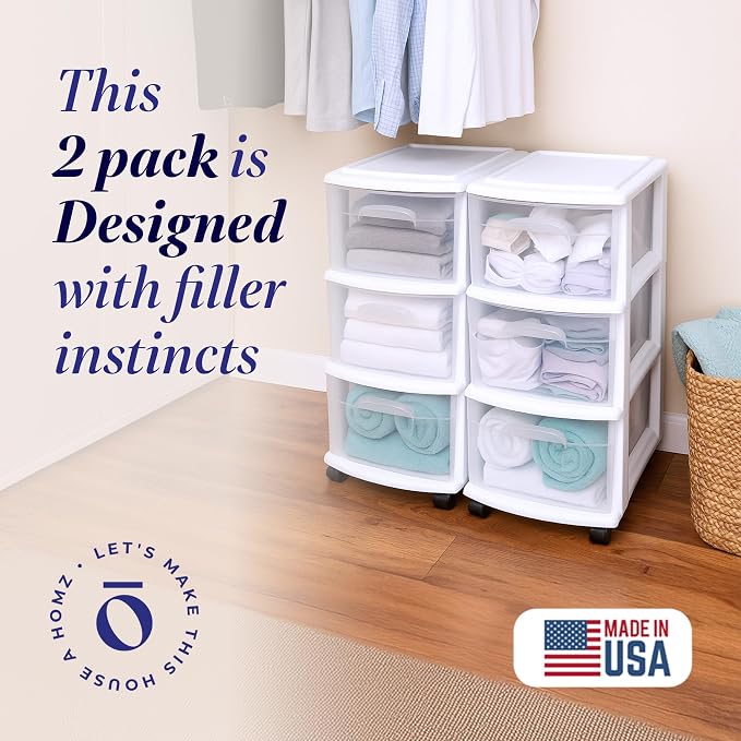 HOMZ Drawer Tower 3-Tier Storage Cart, Removable Wheels, White Frame,2 Pack | Plastic Organizer with Clear Bin Drawers for Bedrooms, Bathrooms, Home Offices, and Dorm Rooms