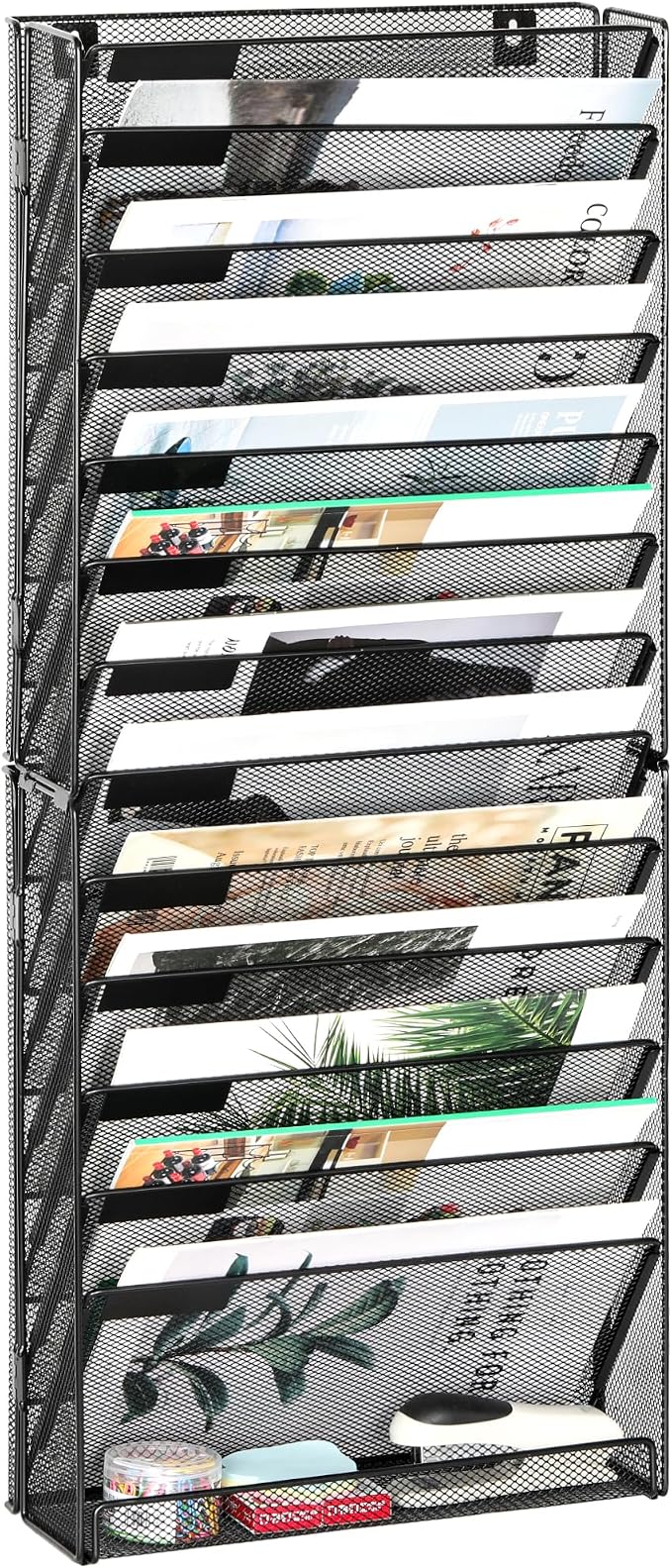 EasyPAG Wall File Holder 14 Tier Mesh Hanging Folder Organizer with Flat Tray Wall Mounted Mail Organizer Magazine Paper Desk Shelf with Nametag Label for Office Home School, Black