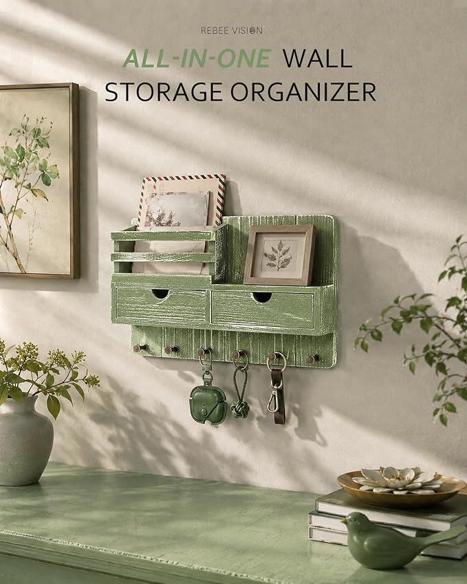 Rebee Vision Key Holder Wall Mount with 2 Drawers for Home Decor, Green | Mail Organizer for Wall, 6 Key Hooks, Drawer Organizer, Letter Storage, Plant Display, Apartment Essentials for Aesthetic