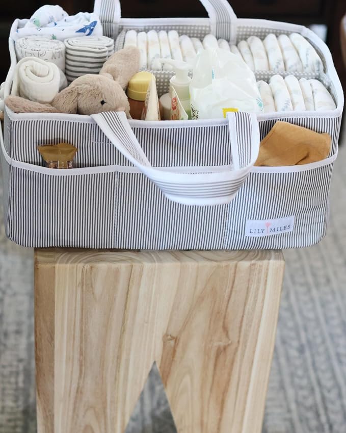 Baby Diaper Caddy Organizer, Baby Shower Basket for Newborn Boys or Girls, Nursery Must Haves for New Mom, Registry Favorites, Large Storage Tote for Changing Table or Car, Gray