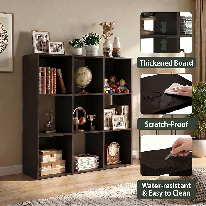 WannabeMyself【Sturdy Build&Easy Assembly】9 Cube Storage Organizer with Anti-Tipping Kits,Reversible Open Back Book Shelf, Bookcase for Living Room,Bedroom,Entrance Hall,Office,35.8×11.4×35.9,Chocolate
