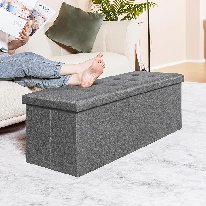 PINPLUS Folding Storage Ottoman Bench, Grey Linen Long Ottoman Chest Foot Rest Stool with Padded Seat, Chest with Cover, Bedroom Bench with Storage, 43.3inches