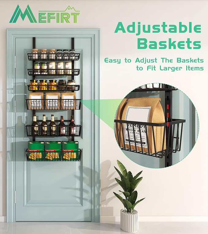 Mefirt 8-Tier Black Over The Door Pantry Organizer, Hanging Shelves | Pantry Hanging Organizers and Storage, Adjustable Heavy-Duty Metal for Home & Kitchen, Back of Door Seasoning Rack