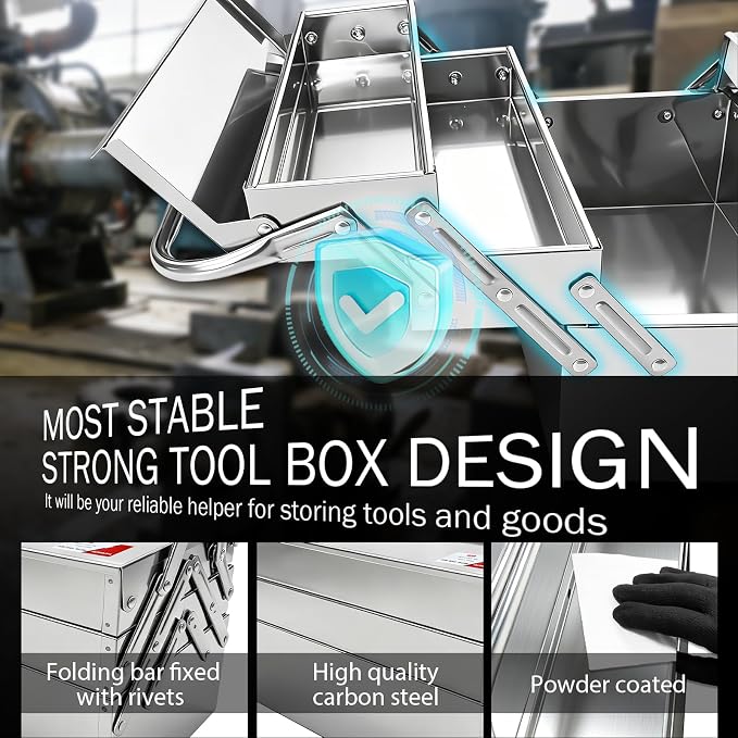 YATOINTO 13" 3-Tier 5 Tray Fold Out Stainless Steel Cantilever Tool Box | Blue Protective Film Design, Carbon Steel Material, Portable Tool Storage Box Organizers w/Handle for Home Studio Auto Repair