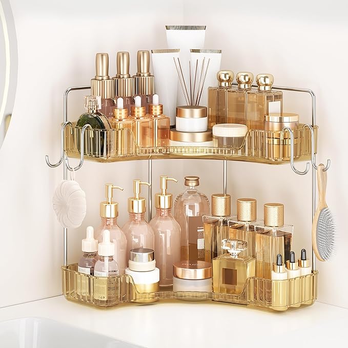 Corner Counter Organizer, 2 Tier Bathroom & Kitchen Storage Tray | PET Vanity Organizer Storage Countertop with Hooks for Skincare, Makeup & Jewelry, Gold