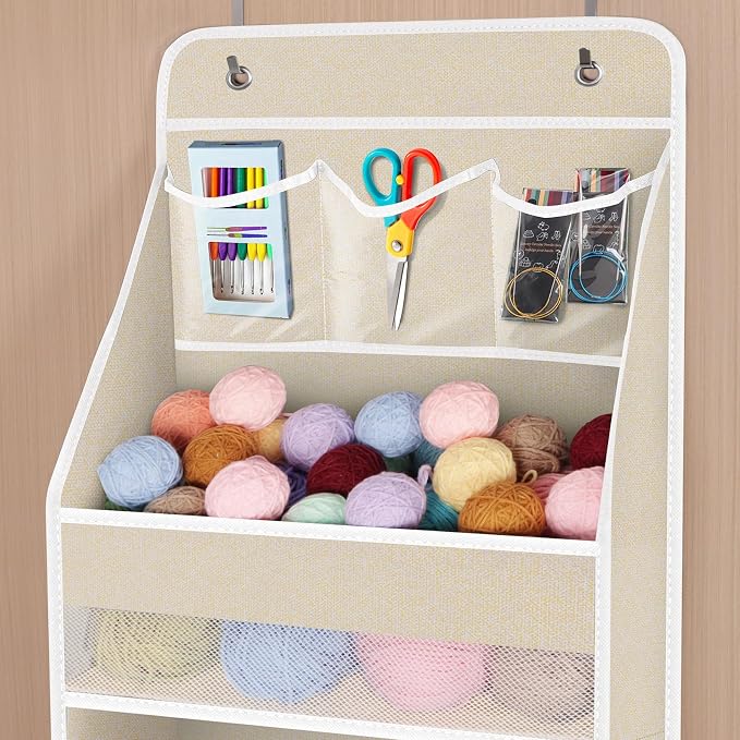Univivi Over the Door Organizer for Baby Nursery, Beige Pattern, 5-Shelf | Door Storage with Large Capacity Breathable Mesh Pockets, Fabric Over Door Organizer for Baby Essential, Bedroom and Dorm