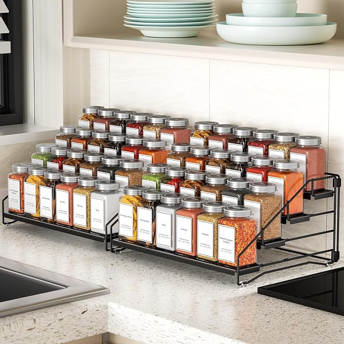 BOIVSHI 4 Tier Spice Rack Organizer, Spice Rack for Cabinet, Adjustable Depth Seasoning Shelf for Countertop, Pantry, Seasoning Organizer, Metal, Black (2 Pack)