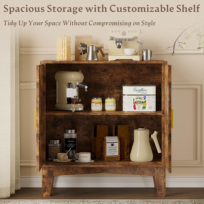 BORNOON Storage Cabinet with Doors and Adjustable Shelf, Modern Fluted Sideboard Buffet Cabinet, Freestanding Coffee Bar for Kitchen, Pantry, Entryway, Living Room (Rustic Brown)