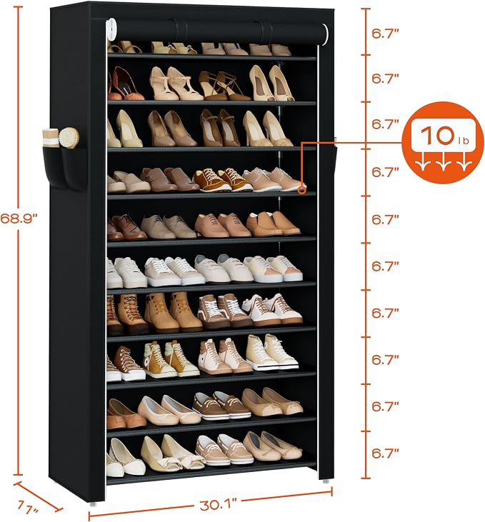 CASAMAYA Shoe Rack with Covers, 10 Tiers Tall Shoe Rack Organizer, Large Capacity Shoe Shelf Storage, Hold 30 Pairs of Shoes, Vertical Shoe Storage Organizer for Closet, Entryway, Black, SRT103B01