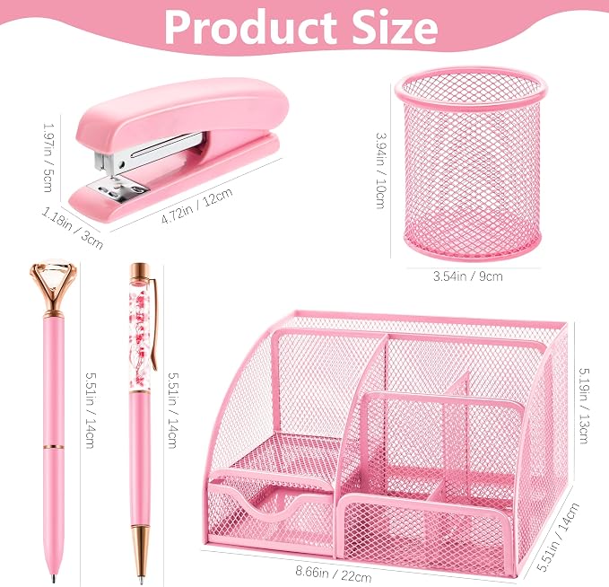 Fayoo 11 Pcs Pink Office Supplies Set Mesh Desk Organizer Accessories Kit | Include Stapler, Tape Dispenser, Staple Remover, Clips, Ruler, Scissors, Sticky Notes, for Office, School, Home, Women