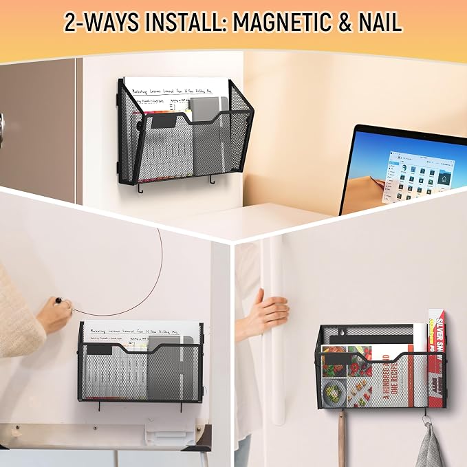Docnest 3 Pack Dual-Mount Magnetic Mesh File Holders, Wall Organizer | Mount magnets or screws. 2-in-1 hanging mesh mail letter organizer with hooks for office and home clutter