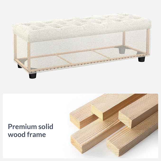 BELLEZE Storage Ottoman, Tufted Ottoman with Close Hinge, Foot Rest for Living Room (White, 47 inch)
