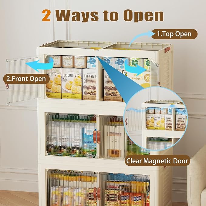 SAILUN 145Gal/579Qt Stackable Storage Bins Folding Collapsible Storage Bins with Lid, Closet Organizers and Storage Box with Door Cream 33.5" W x 19" D x 53" H