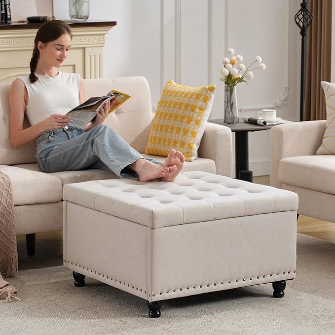 Tbfit Large Square Storage Ottoman Bench, Botton Tufted Upholstered Coffee Table with Wooden Legs, Oversized Storage Ottomans Toy Box Footrest for Living Room, Apartment, Beige