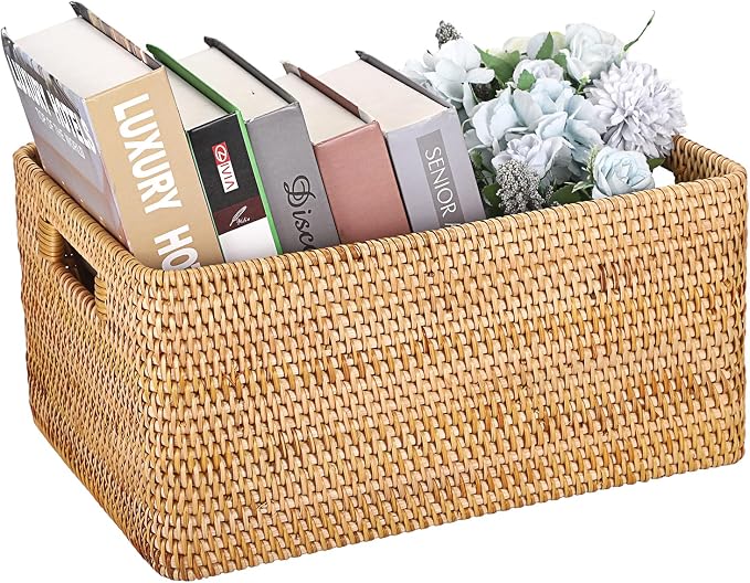 Hipiwe Rattan Wicker Storage Basket for Shelf Organizer, Large 15"x11"x7.1" | Handwoven Decorative Basket Bin with Build-in Handles, Natural Rectanguar Wardrobe Home Organizer