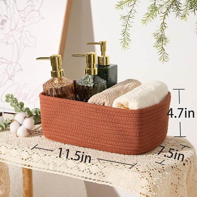MiniArk Small Storage Baskets for Organizing | Closet Organizer Bins | Shelf Toy Basket | Woven Rope Baskets | Cube Decorative Box | Shallow Basket | 11.5x7.5x4.7” | 3 Packs Oxide Red