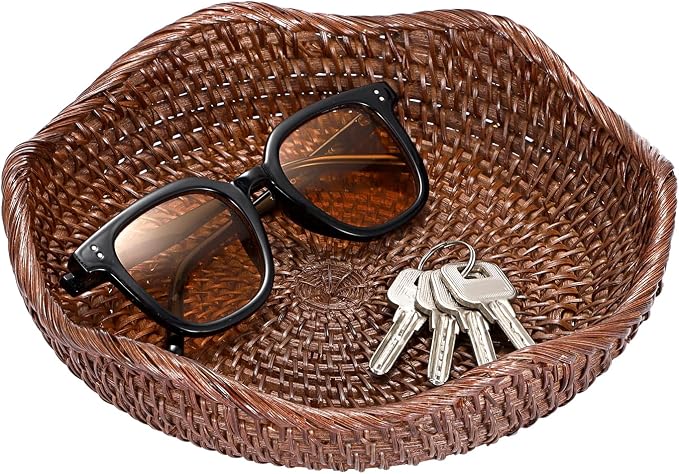 Hipiwe Decorative Key Bowl 8.5" Round Basket Bowl Handwoven Rattan Basket | Wicker Storage Basket Decorative Basket for Entryway Coffee Table Livingroom Fruit Bread Serving Tray, Brown