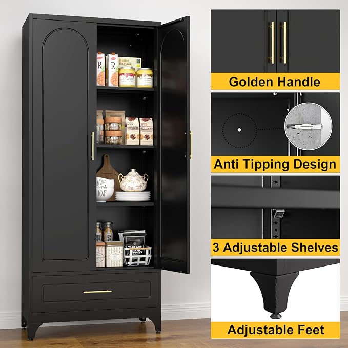 SteeLoong 75” Kitchen Pantry Cabinet, Metal Storage Cabinet with Drawer | Black Pantry Cabinets for Kitchen Storage with 3 Adjustable Shelves,Tall Freestanding Cupboard for Living Room,Kitchen,Garage