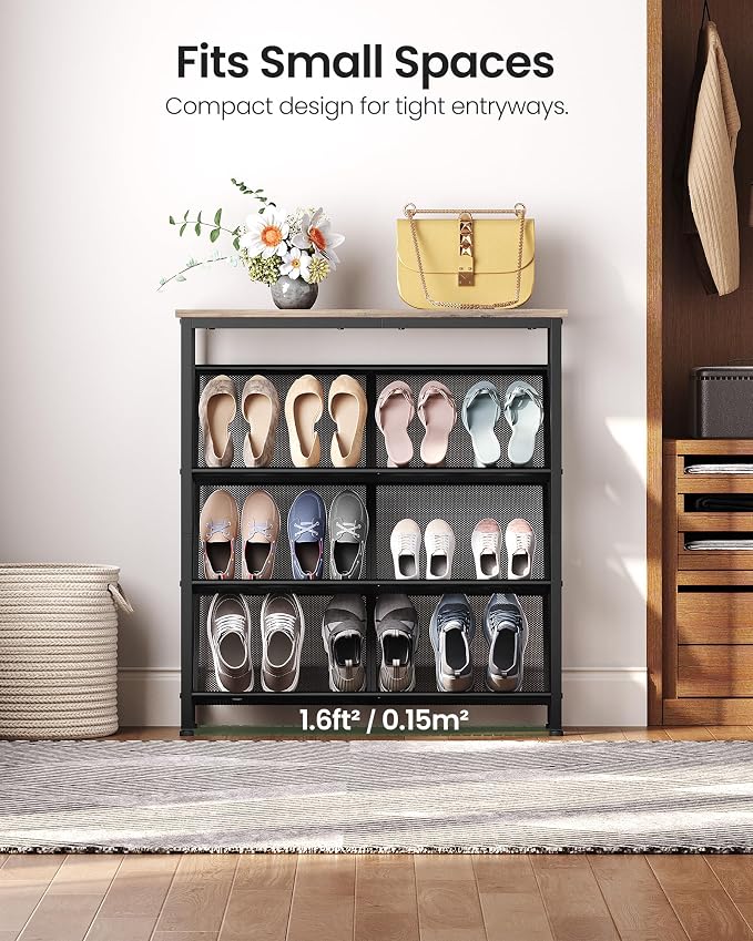 CHOEZON Shoe Rack, 4-Tier Slanted Shoe Storage Shelf, Narrow Shoe Rack for Entryway, Shoe Organizer with Adjustable Feet, Slim Shoe Shelf with Wooden Top and Metal Frame, Greige and Black TXJ75BG