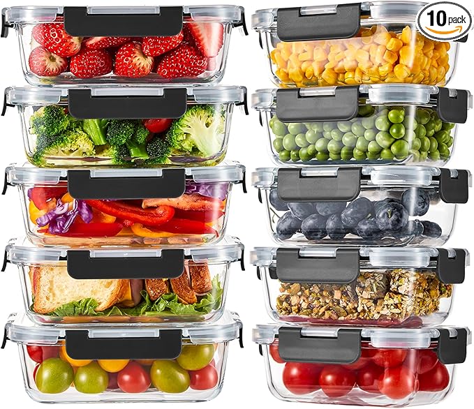 Liuruiyu 10 Pack Glass Food Storage Containers with Lids, Meal Prep Containers, Airtight Bento Boxes with Leak Proof Locking for Microwave, Oven, Freezer and Dishwasher, BPA Free