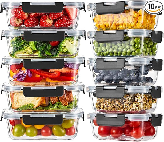 Liuruiyu 10 Pack Glass Food Storage Containers with Lids, Meal Prep Containers, Airtight Bento Boxes with Leak Proof Locking for Microwave, Oven, Freezer and Dishwasher, BPA Free