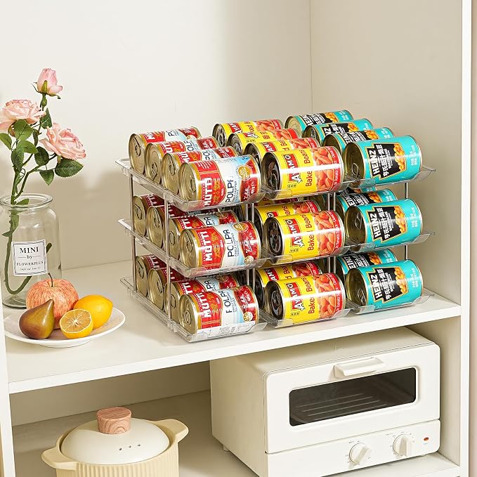 Can Organizer for Pantry, Stacking Can Storage Organizer Hold 36 Cans | Automatic Rolling Can Rack for Fridge, 3Tire 3 Columns Can Holder, Canned Goods Organizer