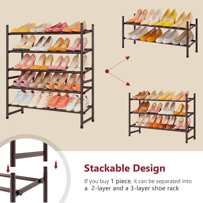 Expandable Shoe Rack for Closet 5 Tier, 28“-41“Stackable, Bronze | Adjustable Shoe Organizer Closet Shoe Rack Floor, Metal Shoe Shelf Storage for Entryway, Closet, Garage, Front Door Entrance