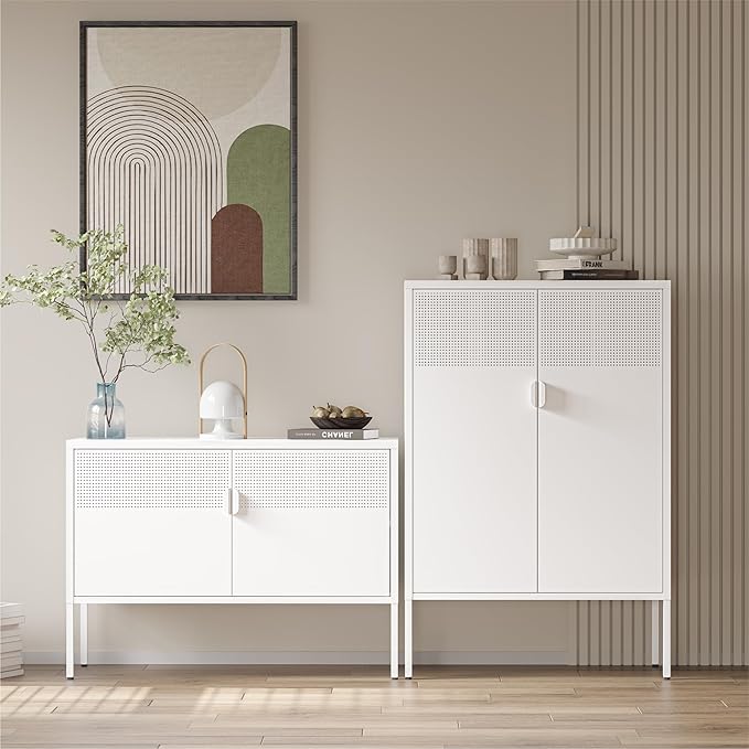 COFaR White Metal Storage Cabinet with Adjustable Shelves, 47”H Modern Buffet Sideboard & Coffee Bar Cabinet with Magnetic Doors, Ventilated Steel Organizer for Kitchen, Dining Room, Home Office