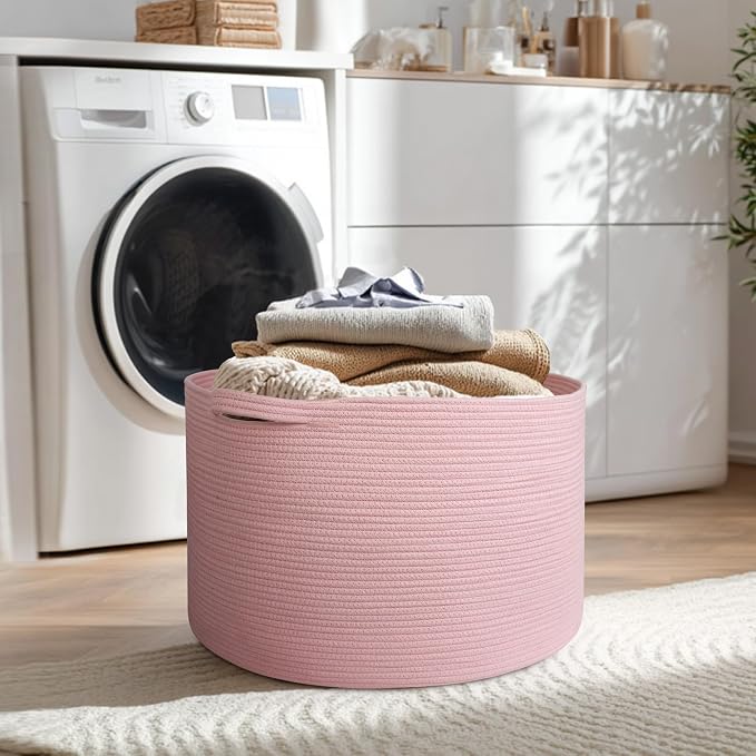 115L Oversized Pink Basket, 23.6"x15.7" Woven Cotton Rope Bin with Handles, XXXL Blanket Storage for Living Room, Kids Toy Storage Bin Box, Baby Laundry Basket for Organizing, Pink Room Decor