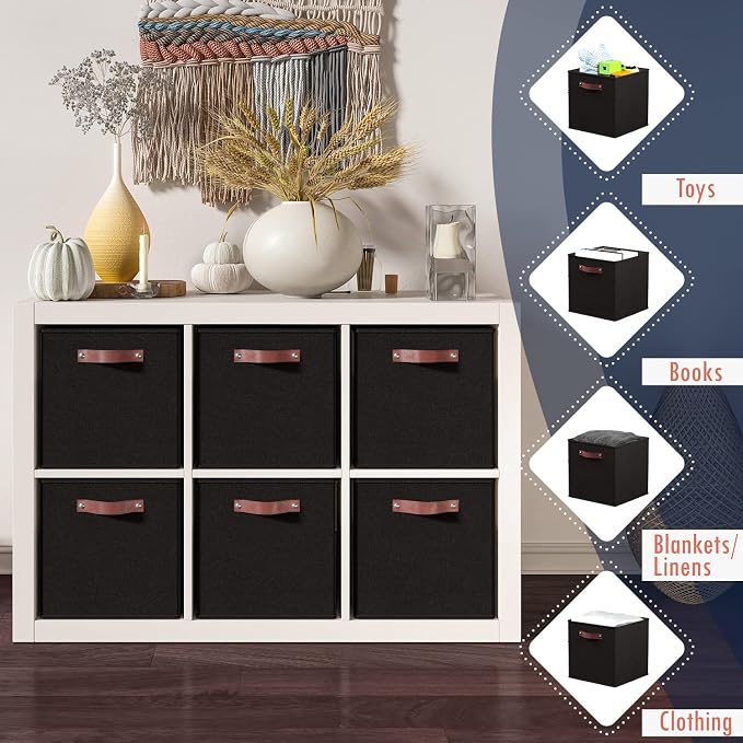 Ornavo Home 13x15x13 Foldable Fabric Storage Cube Bins, 6 Pack, Black | Collapsible Linen Shelf Basket Organizer; Leather Handles; Fits Cube Storage Shelving Units