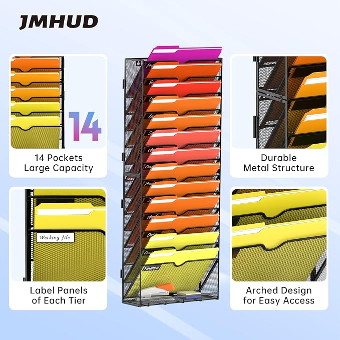 14-Tier Wall File Organizer with Base and Hooks, Hanging Organizer, Black | Wall Organizer and Wall File Holder with 14 Vertical Pockets and Bottom Tray for Files, Mail, Folders, Magazines and Paper