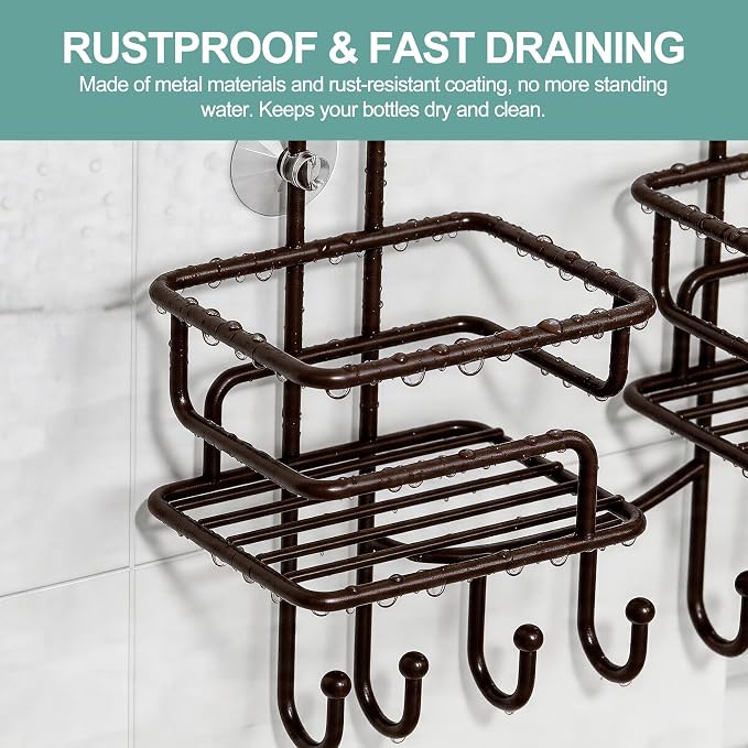 SRIWATANA Shower Caddy Hanging, Shower Organizer with Razor Hooks, Bronze | Rustproof Shower Rack, No Drilling Shelves Over Shower Head, Anti-Swing Scution Install, Bathroom Holder for Sponge Loofah