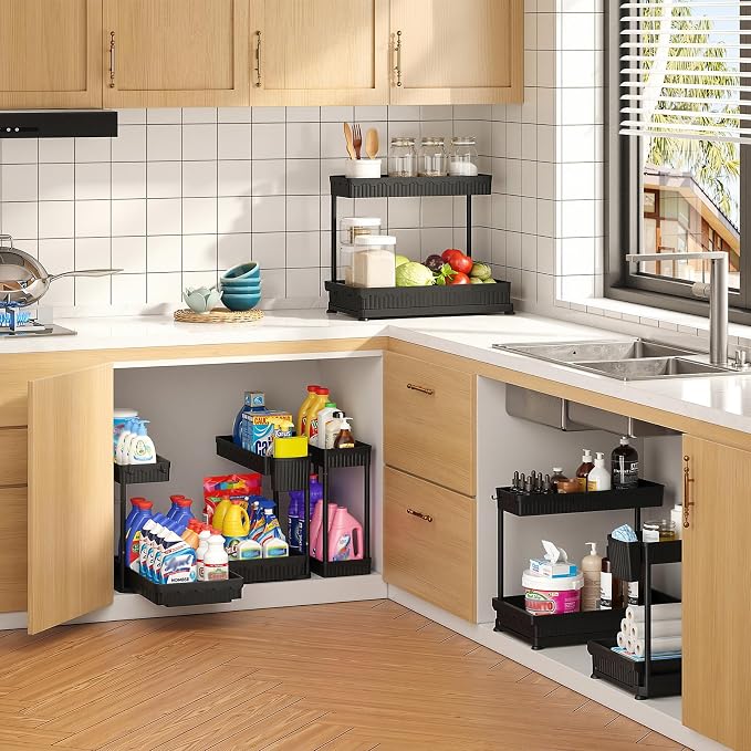 Sevenblue 3 Pack Multi-Purpose Pull-Out Storage Organizers, 2-Tier L-Shaped Under Sink/Cabinet Organizers and Storage for Bathroom & Kitchen, (Black, 12.85 Inches) | Multi-use kitchen & bathroom storage, 12.85 inch black cabinet organizer, space-saving...