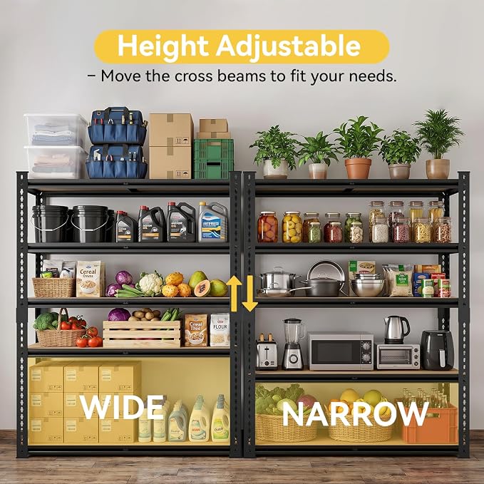 5 Tier Garage Shelving, Adjustable Heavy Duty Garage Shelves | 72 "H Metal Storage Shelves Unit for Basement,Warehouse,Pantry Kitchen