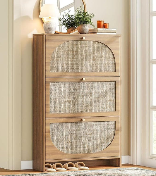 Nicetree Shoe Storage Cabinet for Entryway, Slim Arched Rattan Accent Shoe Cabinet with 3 Flip Drawers & 3-Tier Adjustable Shelves, Modern Boho Shoe Storage Cabinet, Narrow Shoe Rack for Small Spaces