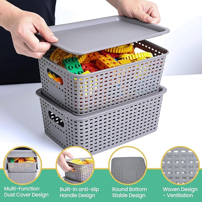 Plastic Storage Baskets with Lid-Plastic Storage Containers Stackable Storage bins: Storage Baskets for Organizing Shelves Drawers Desktop Closet Playroom Classroom Office,8 Pack-Gray10.2x7.2x4.1Inch