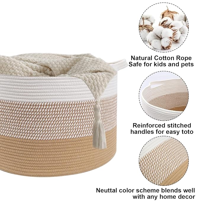 90L Large Blanket Basket,Rope Woven Laundry Basket-Yellow | Collapsible, reinforced handles, nursery storage bin organizes clothes, toys and pillows for living room, bedroom bathroom