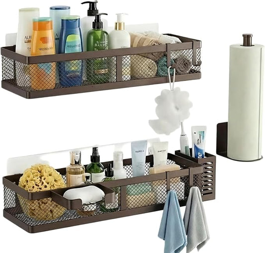 PUSDON 5-in-1 16.5" Extra Long Slim Wall Mount Wrapped Mesh Kitchen Organizer & Shower Caddy Kit, with Paper Towel Holder, Utensil Holder, Soap Dish, Holds 50LBS - Vintage Bronze, Netting