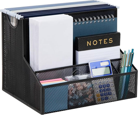 Mind Reader Desktop Organizer with Hanging File Storage, 4 Compartment Letter Size File Holder, Metal Mesh Desk Organizer for Office and Home, Black