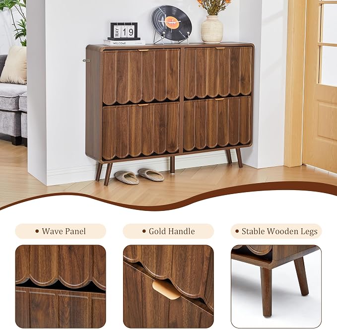 Shoe Storage Cabinet for Entryway with 4 Flip Drawers, Freestanding Narrow Wood Shoe Cabinet with Wave Panel, Hidden Shoe Organizer for Foyer, Hallway (Walnut)